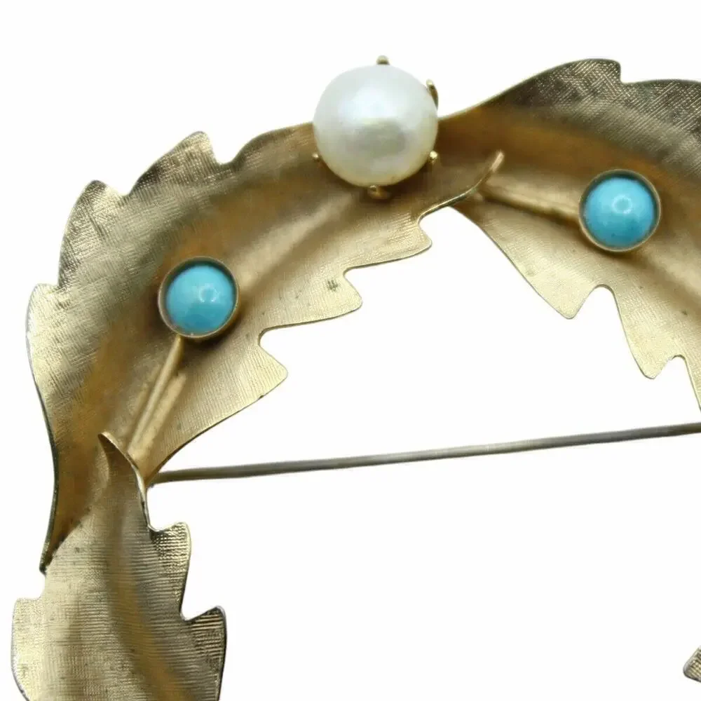 Vintage Pin Brooch Classic Wreath Leaf Design w Blue Beads Pearl 2.25